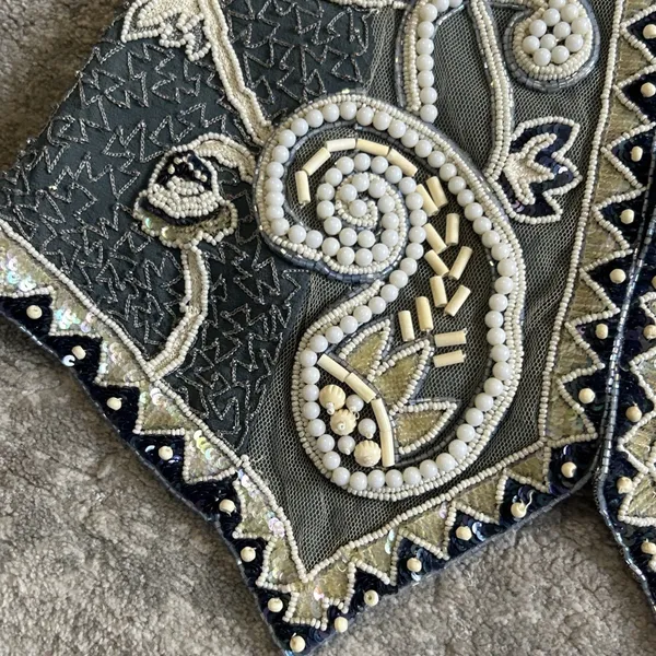 Ella Singh Vest Womens Large Beaded Sequins Silk Festival Boho Blue Cream Heavy - Image 5