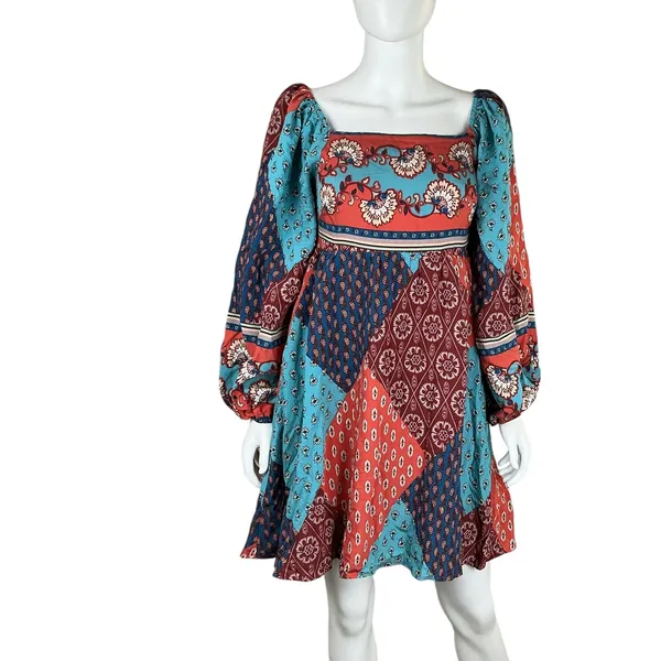 Merci Patchwork Square Neck Long Sleeve Mini Dress Blue Orange‎ M - Image 4
