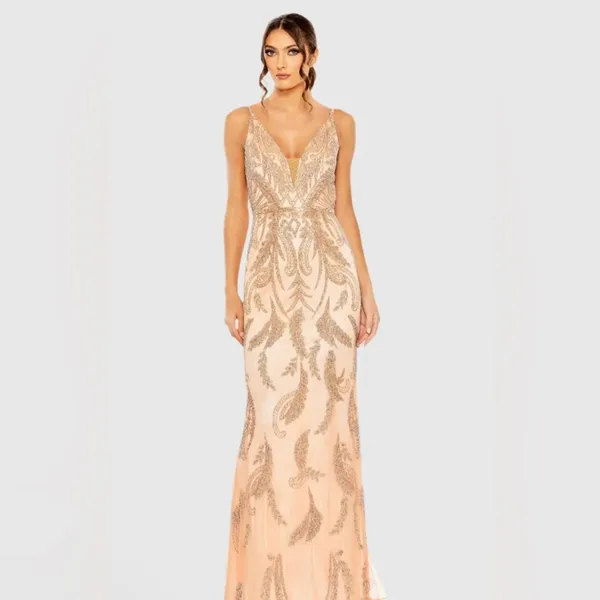 New Mac Duggal Pink V-Neck Sequin Embellished Gown Style 6015 – Apricot – Size 6 - Image 12