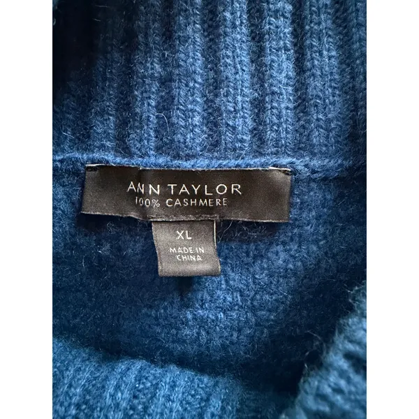 Ann‎ Taylor 100% Cashmere Sweater XL Teal Blue Cable Knit Mock Neck Pullover - Image 3