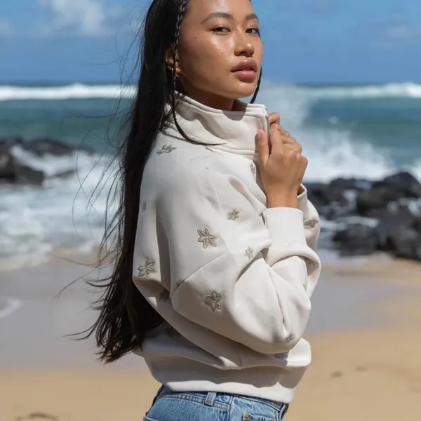 Elevated Faith Floral Half Zip Sweatshirt L Cream Cropped Cozy - Image 5
