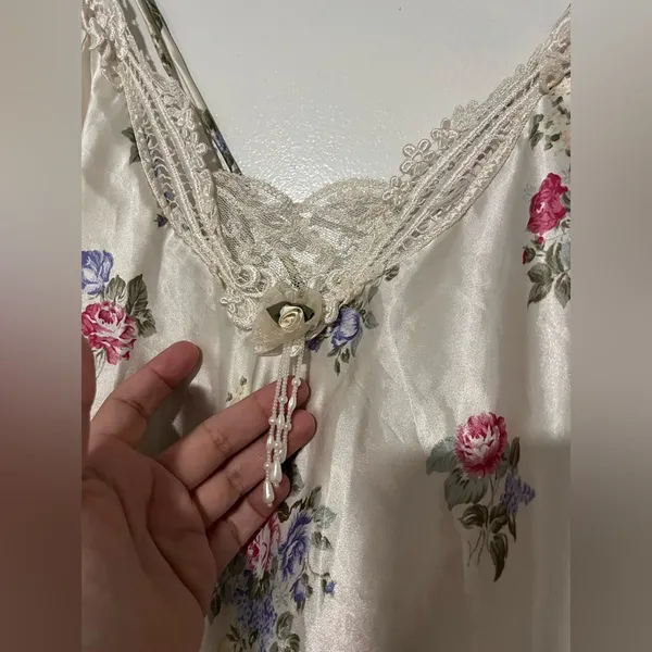 Vintage Floral Satin Slip Nightgown Lingerie Cottagecore pearl dangle midi dress - Image 4