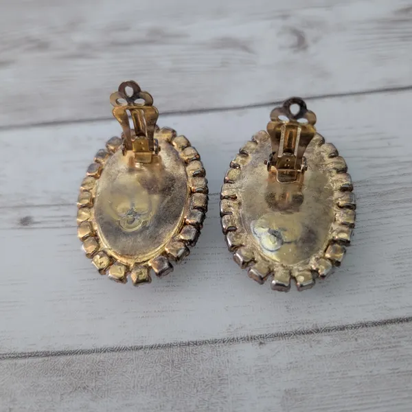 Vintage Clip On Earrings Extra Large Clear Gem Oval with Halo 1 & 5/8" - Image 5