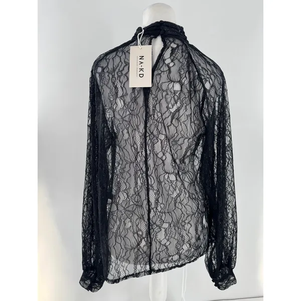 NA-KD Black Lace Blouse 36 US Small 4 Sheer Romantic Grunge Whimsigoth Layering - Image 6