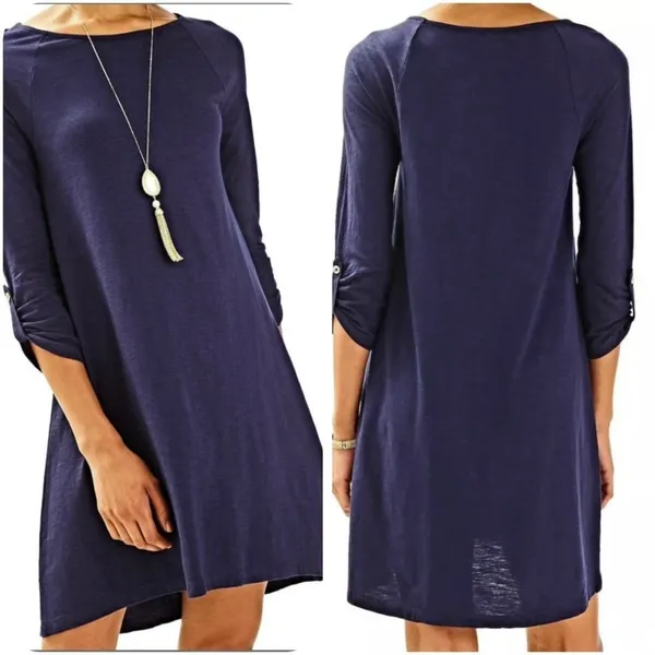 Lilly Pulitzer‎ 26198 Surfcrest Swing Dress MEDIUM Modal Cotton Tab Sleeves Navy - Image 2