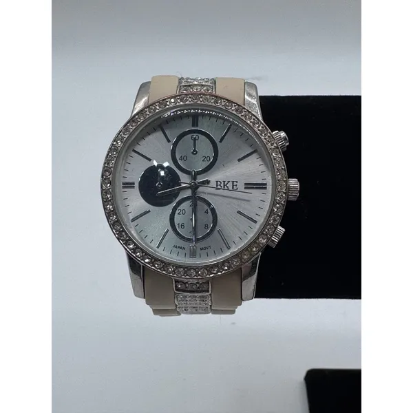 BKE Silver Tone Rhinestone Chronograph Watch Japan Movt Needs Battery‎ - Image 2