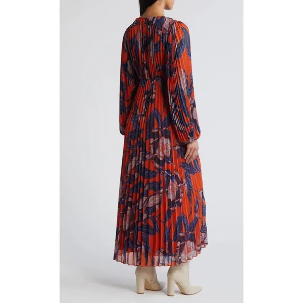NWT Chelsea28 Floral Print Pleated Long Sleeve Dress Rust Blue Floral Sz XS $149 - Image 2