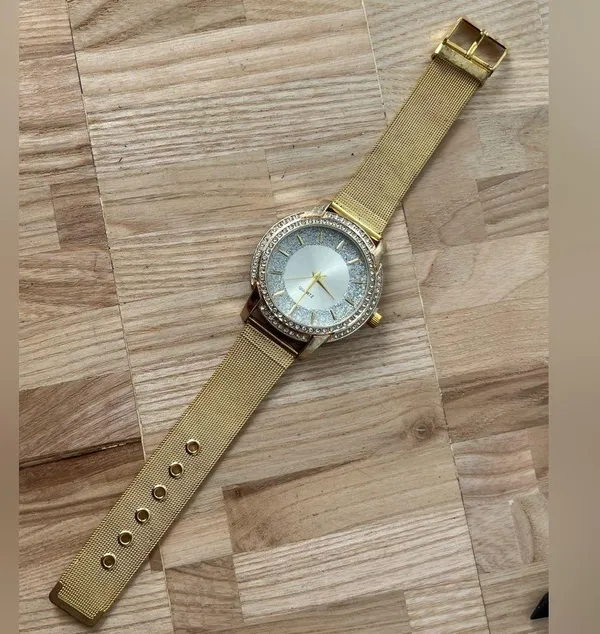 Crystal Embellishments Ladies Watch Silver Shimmery Dial Gold-Tone Bracelet - Image 5