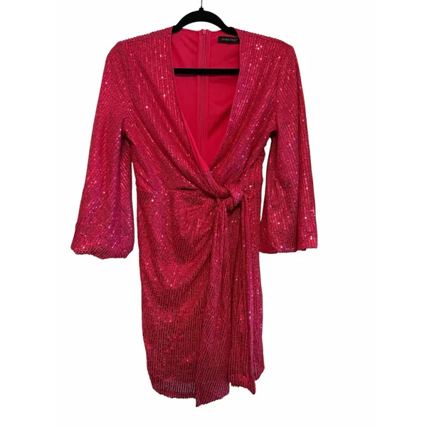 Hot Pink Sequined Double Crazy Faux Wrap Dress - Size M - Image 3