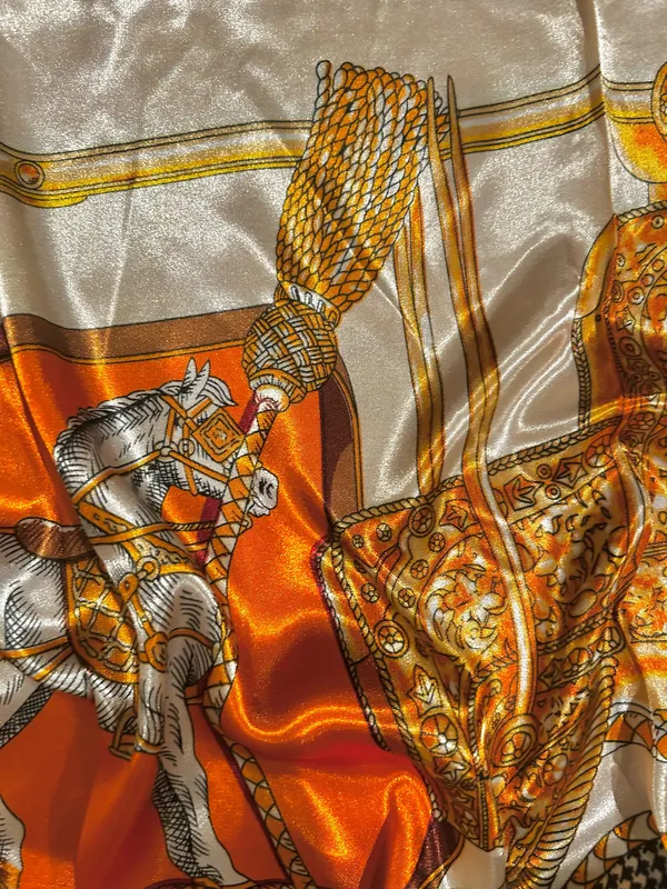 VINTAGE Equestrian ivory/ORANGE Horses&Tassels Print silky Scarf 35’/35’ - Image 8