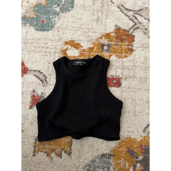 White Fox Ribbed Crop Tank Top Black Sleeveless Crew Neck XS - Image 4