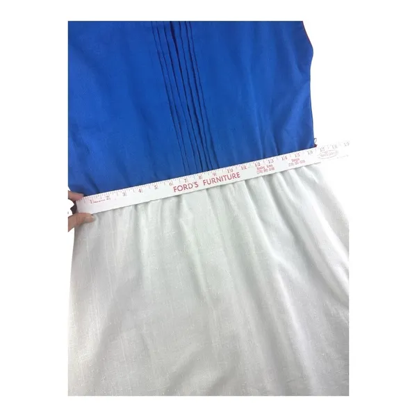 Vintage 70s Malouf Blue White Slub Texture Pleated Midi Dress Red Trim Size 14 - Image 7