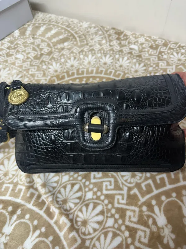 Brahmin Black Croc-Embossed Shoulder Bag with Gold Hardware - Image 2