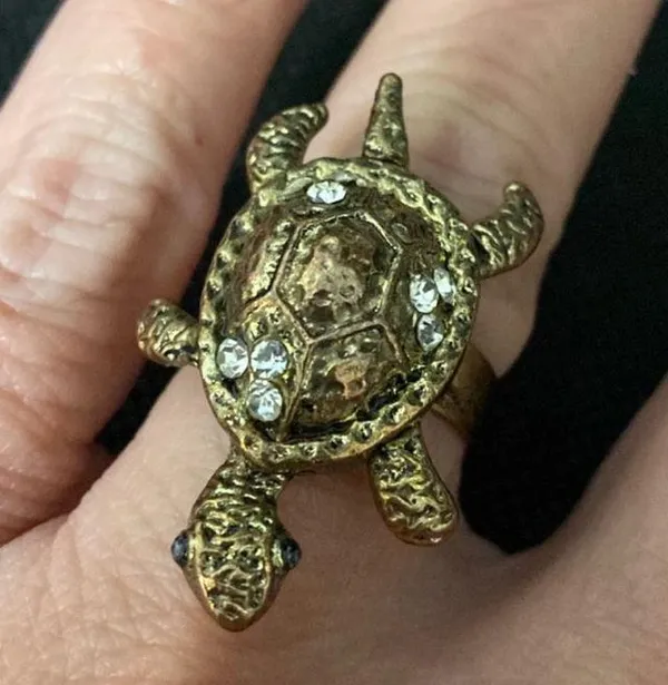 Vintage Bronze Turtle with Rhinestones Expansion Ring - size 7. can have bigger fingers to fit. Beautiful & fun conversation piece. Feet & tail move. Gently warn & Excellent condition. None smoking home. priced to sell at as is condition. Don’t like my price, make reasonable offer! And thank you for checking my closet. - Image 2