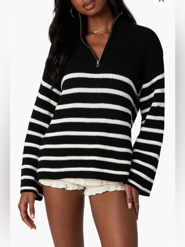 Edikted  Oversized Striped Navy and White Half-Zip Sweater SZ:XS - Image 3