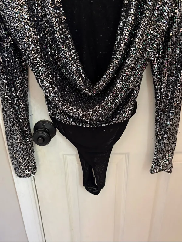Lulus Shimmering Love Grey Sequined Cowl Back Bodysuit - Image 11