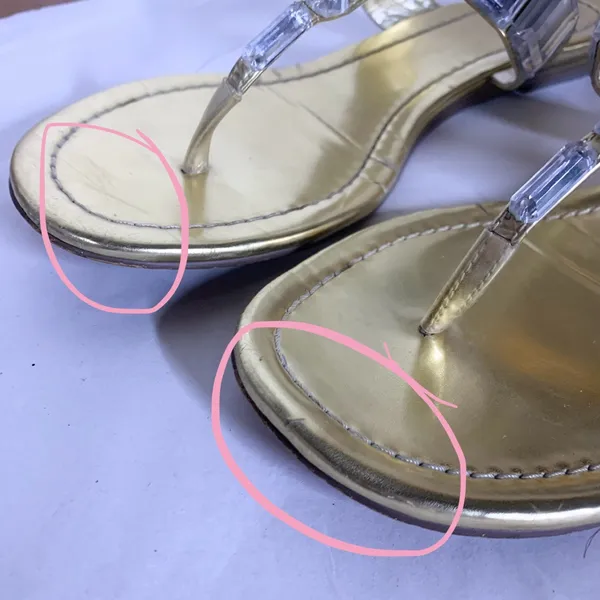 Express Gold Faux Leather With Clear Plastic Crystals Thong Sandals (8) - Image 9