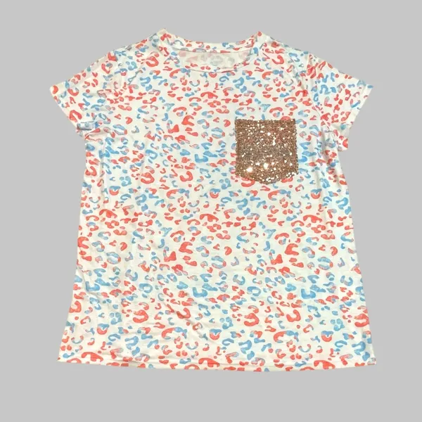 Leopard Print White, Orange, and Blue Shirt with Sequin Glitter Pocket - Image 3