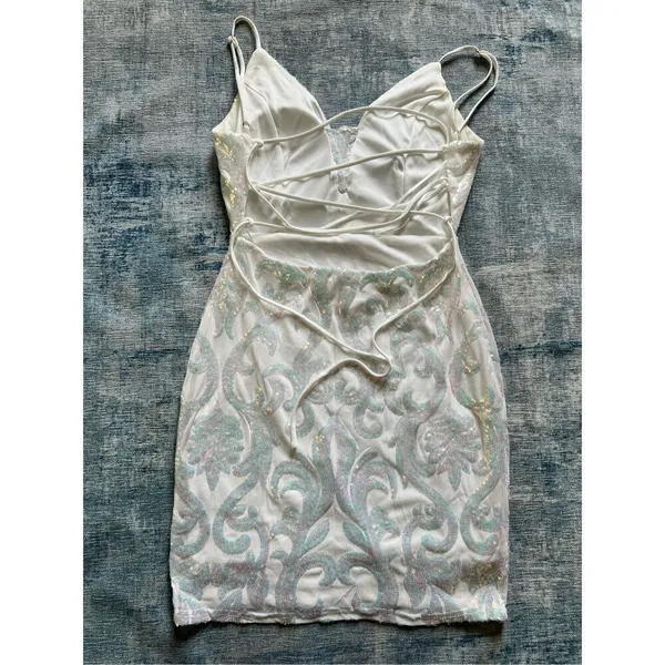 Lovely Day White Iridescent Sequin Corset Lace Up Back Bodycon Mini Dress Medium - Image 2