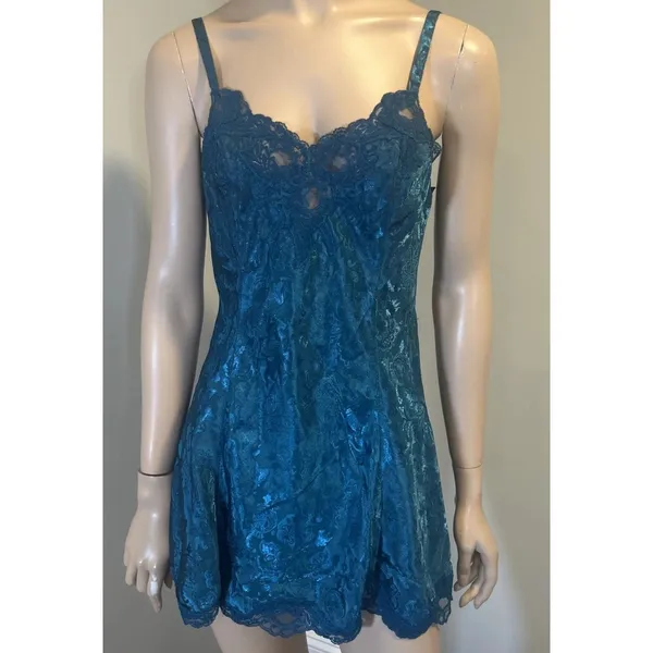 Victoria's Secret Chemise Womens Large Teal Blue Gold Label Floral Lace‎ Slip - Image 2