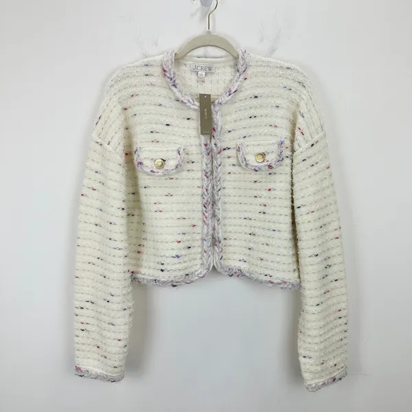 J.Crew Cropped Lady Jacket Marled Yarn Heather Ivory Wool Blend Preppy M NWT - Image 5