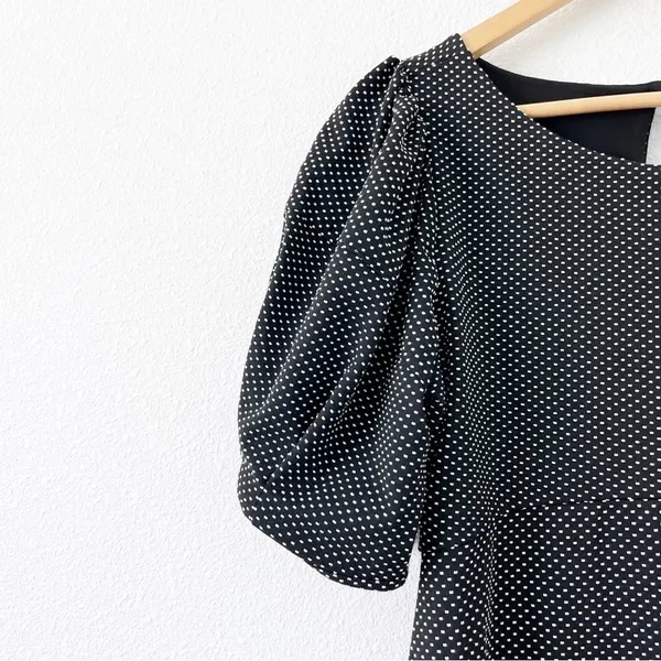 Free People Penelope Puff Sleeve Polka Dot Black Fit & Flare Mini Dress - Image 3