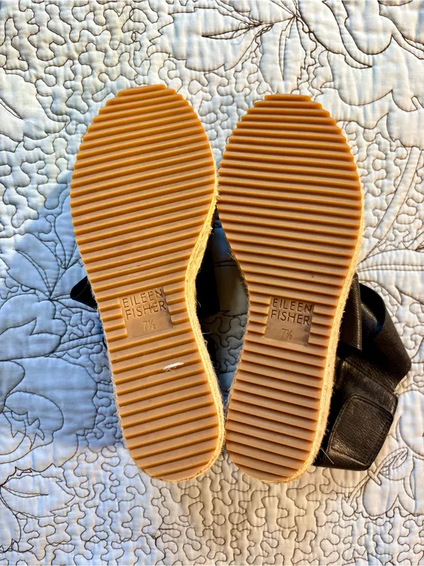 ☀️Eileen Fisher Willow Black Leather Espadrille Wedge Sandals Sz 7.5🧡 - Image 8