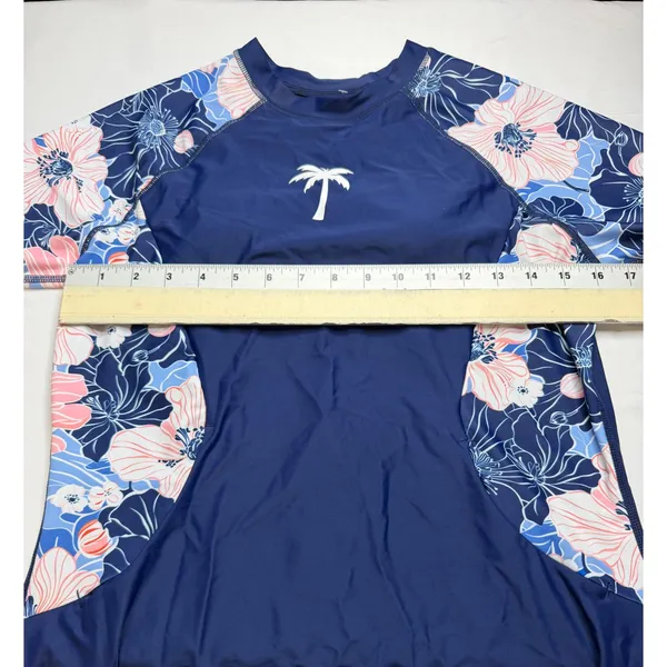 Halcurt Womens Navy Blue Floral Long Sleeve Rash Guard Swim Top Built-in Bra S - Image 5