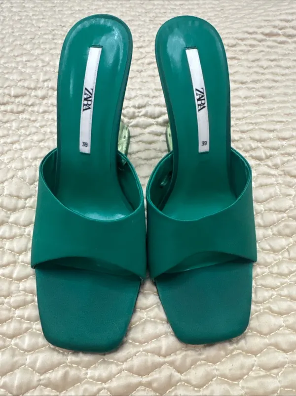 Zara Women’s Green Satin Strap Slides Square Front Chunky Block Acrylic Heel 39 - Image 11