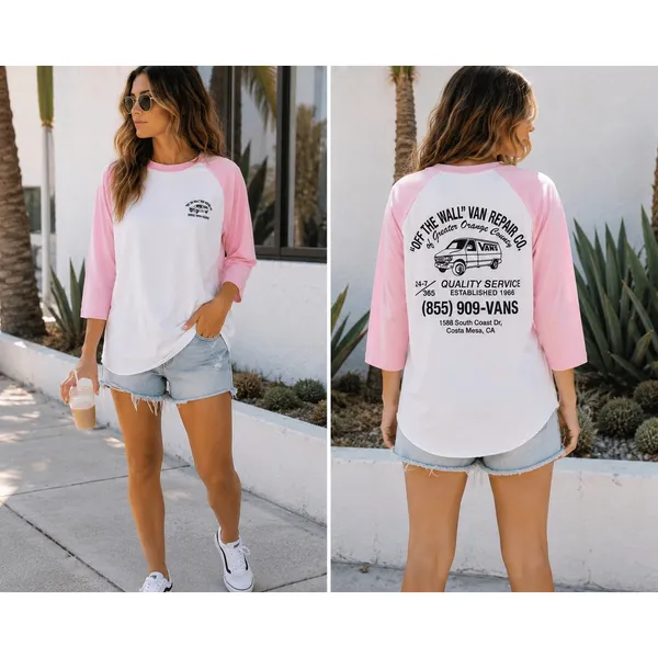 Vans Off The Wall Van Repair Co Raglan Tee Womens M Pink White Graphic Cotton - Image 2