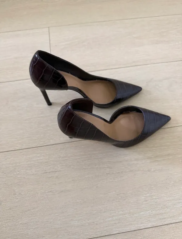 Mango Croc-Embossed D'Orsay Pointed Heels in Dark Brown - Image 4