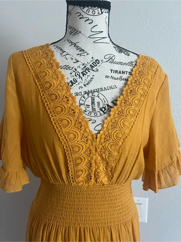 Smocked-Waist Mustard Maxi Dress with V-Neck and Flutter Sleeves - Image 3