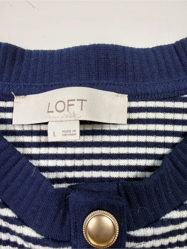 LOFT Navy and White Striped Cardigan with Gold Buttons - Image 5