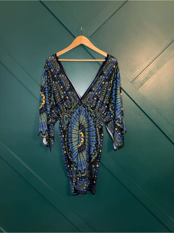 Boho Blue Geometric Mini Dress | V-Neck Bell Sleeve Bodycon Festival Resort - Image 3