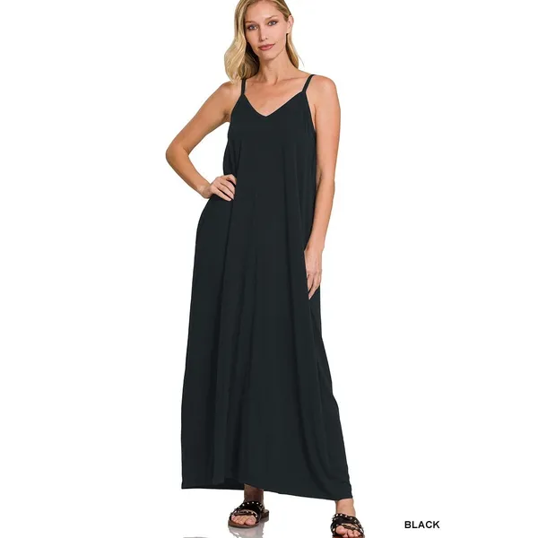Zenana V-Neck Cami‎ Maxi Dress with Side Pockets - Large - Image 2