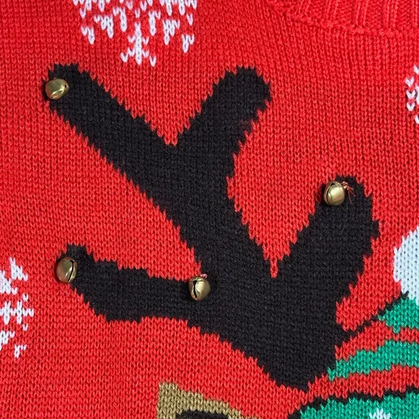 Merry Christmas Reindeer‎ Ugly Christmas Sweater Red Sequin Glasses Bells S/M - Image 5