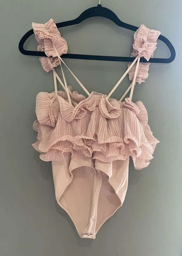 Free People For The Frill of It Bodysuit | Ruffle Pink Romantic Top Size M - Image 5