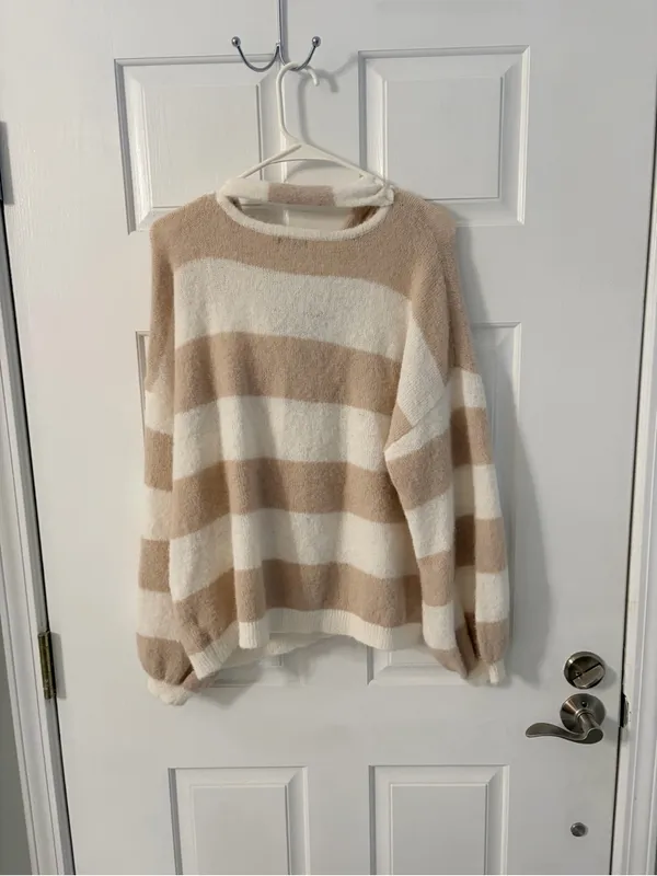 wild fable Beige & Cream Striped Tie-Neck Cardigan - Image 5