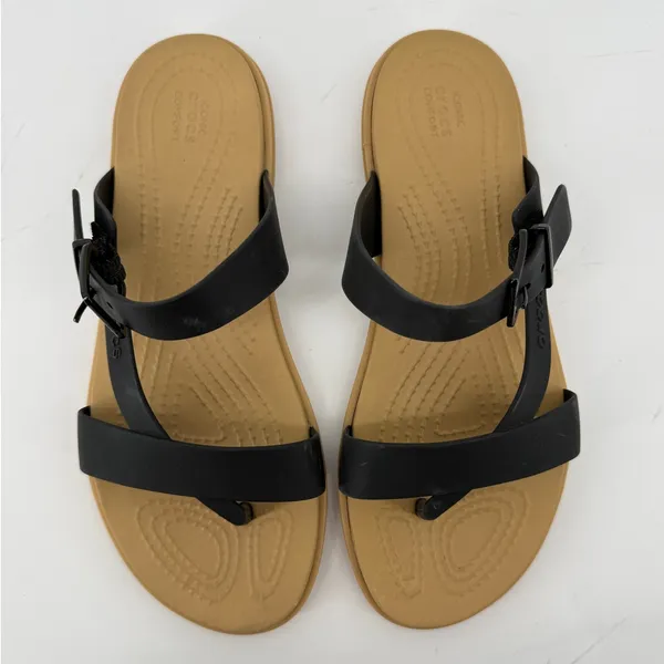 Crocs Tulum Toe Post Sandal Black Tan Women 6 Strappy Slip On Flip Flop Buckle - Image 3