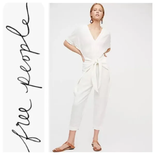 Free People ‘Shining Sun’ Front Waist Tie Linen Blend V Neck Jumpsuit Small - Image 5