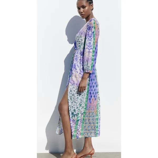 Zara Patchwork Print Maxi Dress‎ Multicolored V-Neck Boho Slit Size M - Image 2