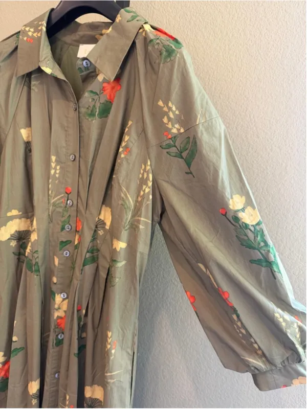 Entro Women’s Floral Print Cotton Button Front Midi Dress in Olive Green Size S - Image 5