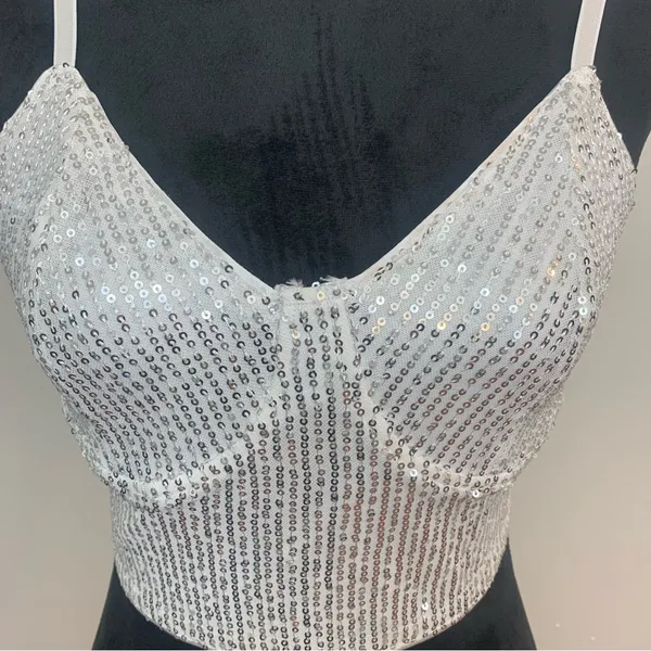Woman M White Silver Sequin Shiny Bra Crop Top with‎ Adjustable Straps. - Image 2