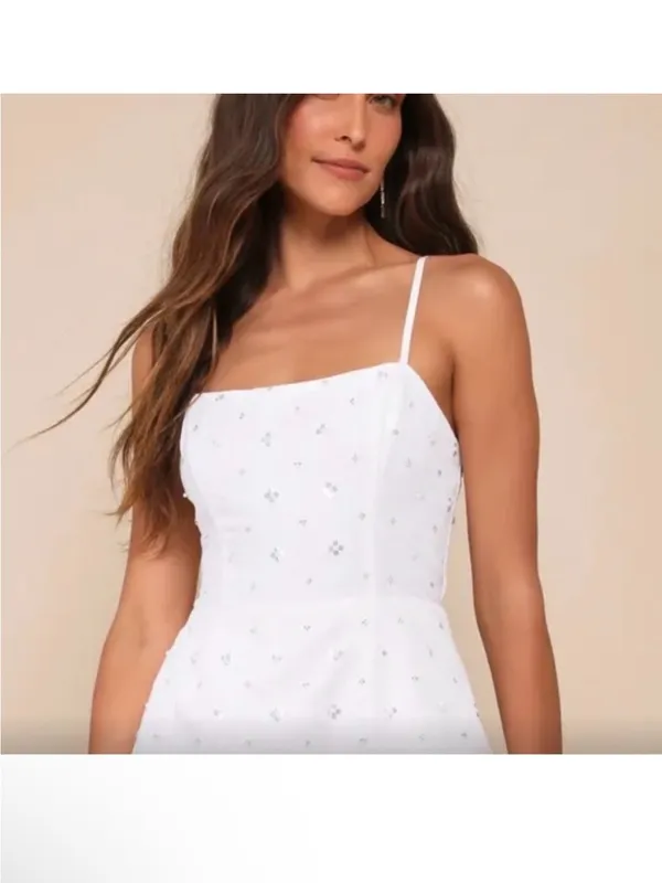 Lulus White Embellished Mini Dress with Spaghetti Straps and built in shorts - Image 2