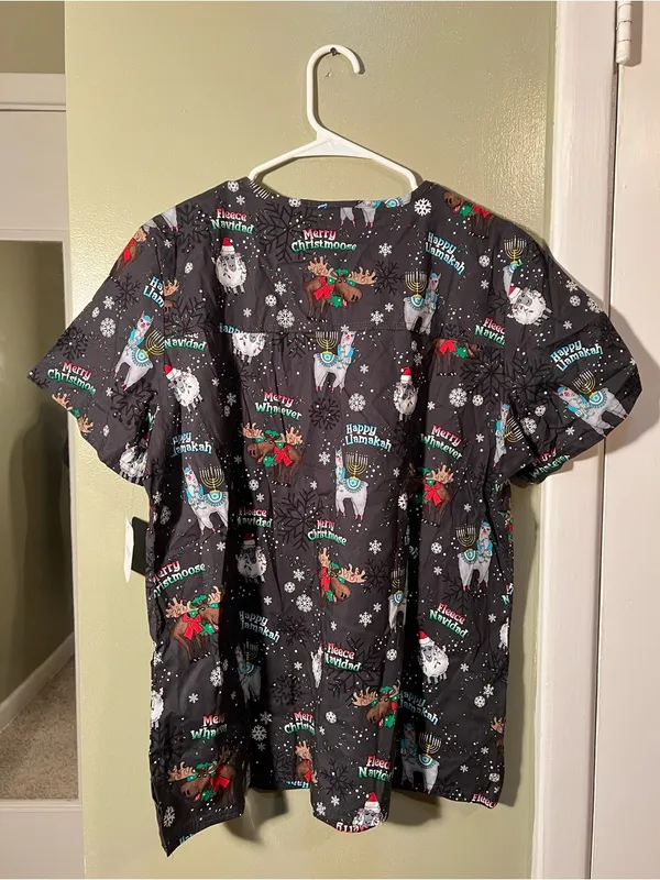 Cherokee Women's Sz Large Merry Whatever Scrub Top Gray V-Neck Holiday Christmas - Image 9