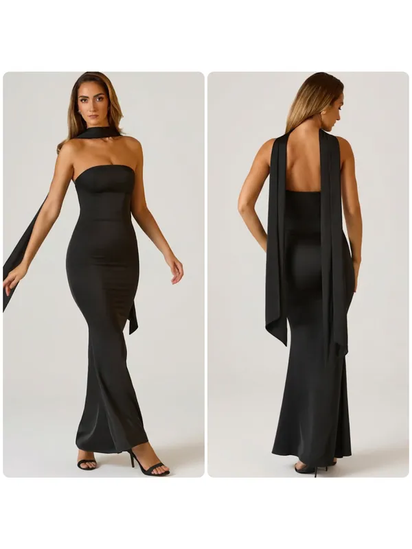 Oh Polly Mandi Scarf-Detail Strapless Gown Maxi Dress in Black size 14 New - Image 2