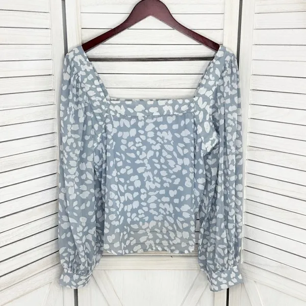 Lucca Petal Print Square‎ Neck Crop Blouse Blue White Large Long Balloon Sleeve - Image 7
