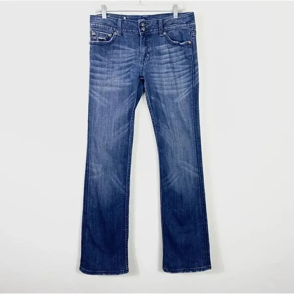 Miss Me Dark Wash Low Rise Rhinestone Embellished Flap Pocket Bootcut Jeans - Image 3