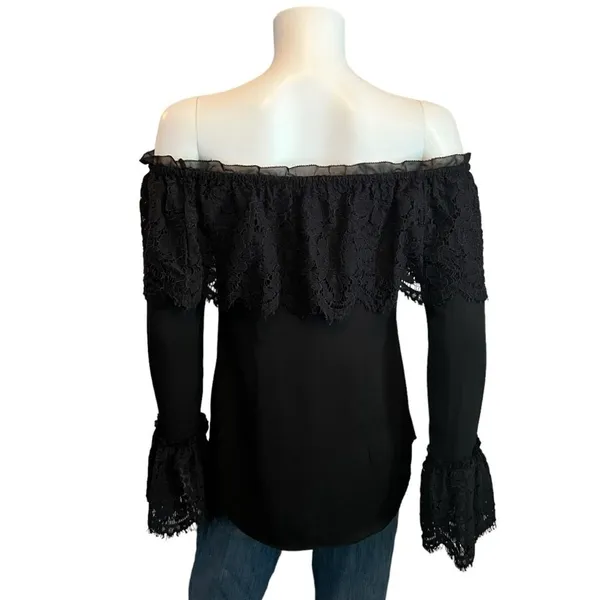White House Black Market Black Lace Off Shoulder Boho Whimsygoth Top Small - Image 4