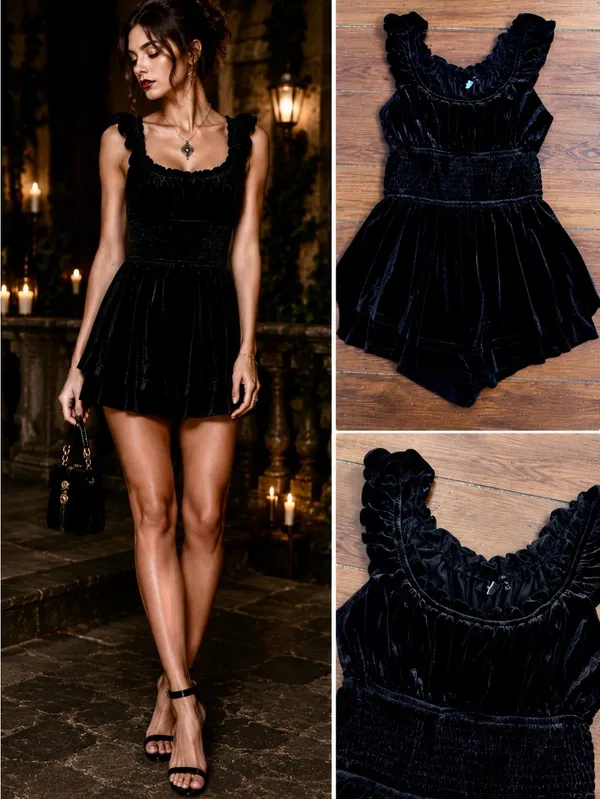 Urban Outfitters Rosie Velvet Smocked Waist Tiered Romper Dark Romantic~XS💚🎀 - Image 2